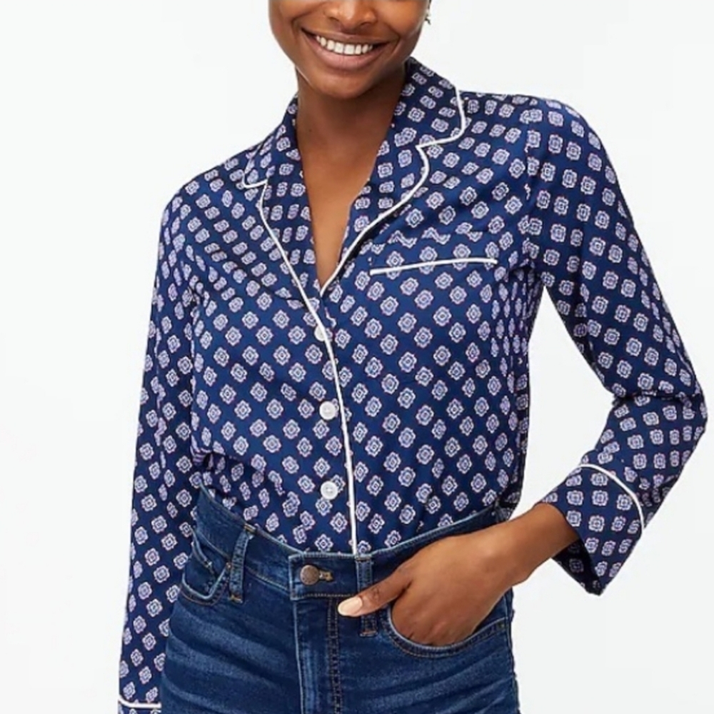 J. Crew Navy Printed Pajama Style Blouse Size XXL